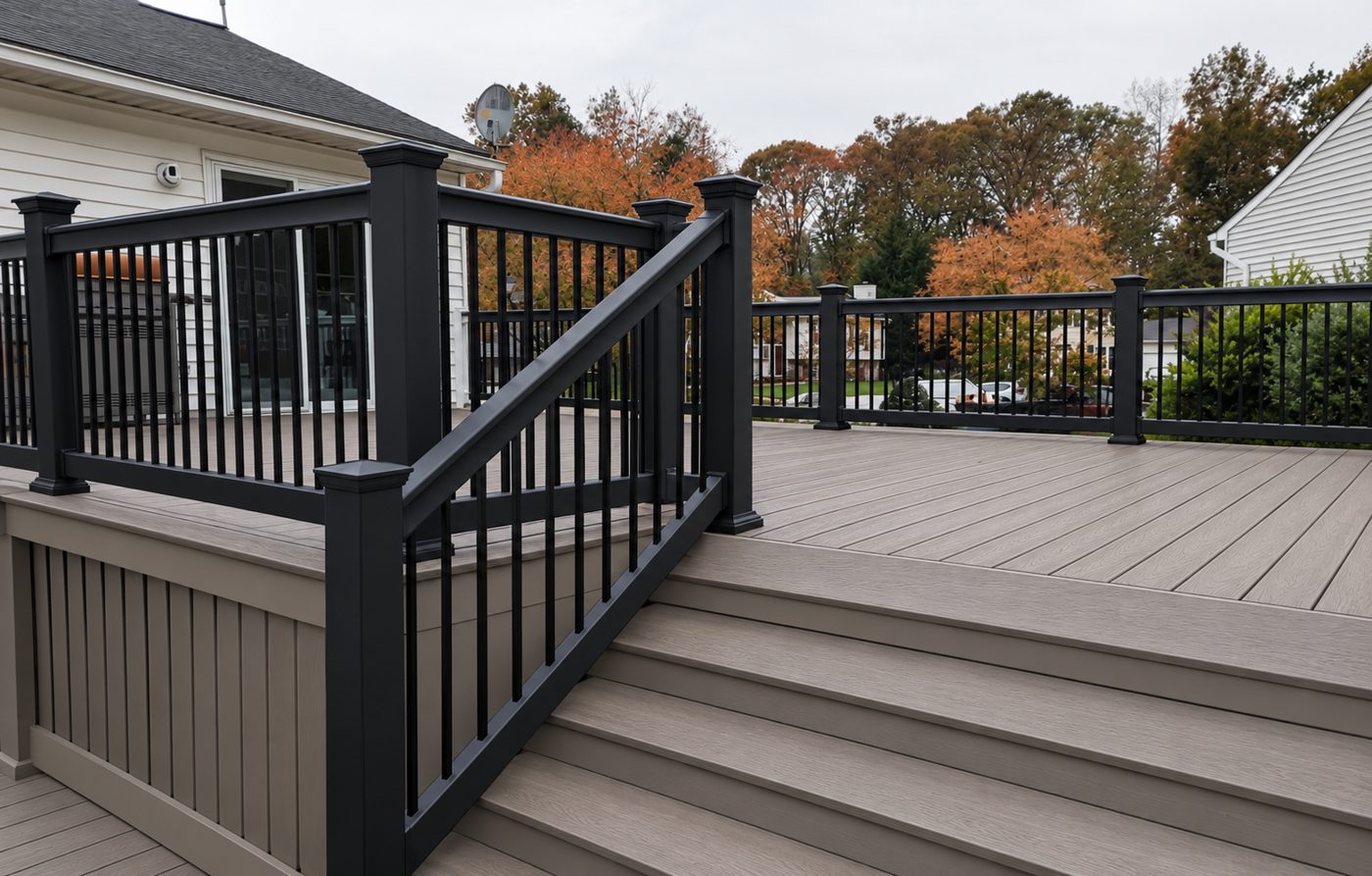 Composite deck design with black railings and warm brown decking